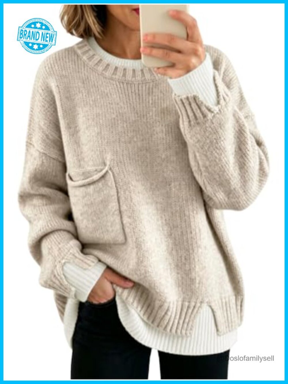 Wool Blend Oversized Chunky Ribbed Knit Crew Neck Pullover Sweater with Pockets